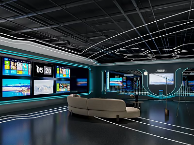 High Tech Control Room With Multiple Screens Sofa Black Floor And Blue Lighting 3d model