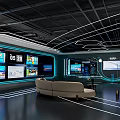 High Tech Control Room With Multiple Screens Sofa Black Floor And Blue Lighting 3d model
