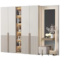 Elegant Modern Wardrobe Design With Striped Panels Storage Shelves Side Table And Mirror