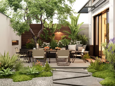 Courtyard Garden Design With Lush Green Plants Outdoor Dining Table Chairs Wooden Backdrop And Stone Steps 3d model