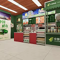 Convenience Store Green Red Storefront With Outdoor Seating Umbrellas And Glass Display Windows