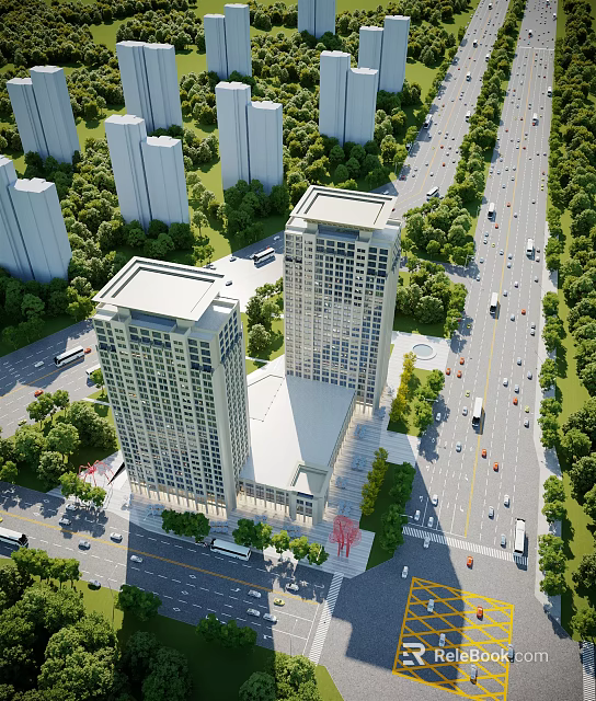 Aerial Planning of Modern Urban Area With High Rise Buildings Roads and Greenery 3d model 