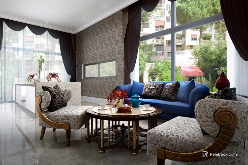 Elegant Living Room Interior With Blue Sofa Round Coffee Table And Patterned Armchairs 3d model 