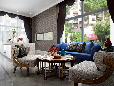 Elegant Living Room Interior With Blue Sofa Round Coffee Table And Patterned Armchairs 3d model