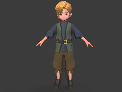 3D Character Model Of Blonde Boy Wearing Blue Shirt Green Vest And Brown Pants 3d model