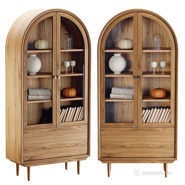 Elegant Wooden Cabinets With Glass Doors And Decorative Vase Pumpkin Books Wine Glasses 3d model 