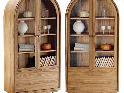 Elegant Wooden Cabinets With Glass Doors And Decorative Vase Pumpkin Books Wine Glasses 3d model
