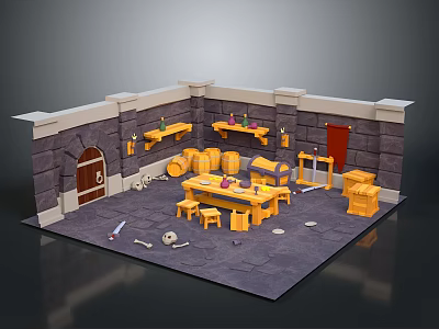 Medieval Workshop Interior With Stone Walls Wooden Door Workbenches And Tools 3d model