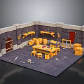Medieval Workshop Interior With Stone Walls Wooden Door Workbenches And Tools