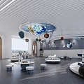 School Science Classroom with Starry Sky Ceiling Hanging Planet Models Round Tables and Large Windows 3d model