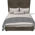 Double Bed With Dark Striped Headboard And Gray Blanket With Pillows 3d model