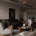 Modern Living Dining Room Interior With Brown Sofa Wooden Table Artwork Plants And Chandelier