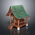 Rustic Wooden House With Green Roof Staircase Terrace Lantern And White Pillars