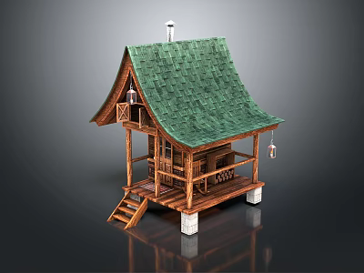 Rustic Wooden House With Green Roof Staircase Terrace Lantern And White Pillars 3d model