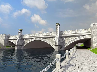Scenic Stone Arch Landscape Bridge With Railing And Paved Walkway By Water 3d model