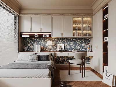 Cozy Modern Tatami Bedroom Interior Design With Bed Desk Chair And Floral Wall 3d model