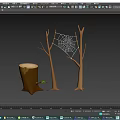 Leafless Trees with Spider Web Between Trunks and Tree Stump With Small Green Shoot 3d model