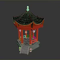 Traditional Chinese Pavilion With Red Structure Black Roof Golden Decoration And Stone Base