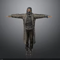 Man In Long Hooded Coat With Mask Standing Arms Outstretched And Boots