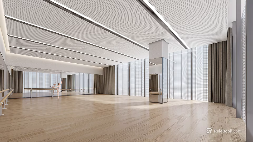 Spacious Dance Studio With Wooden Floor Large Windows And Barres For Practicing 3d model 