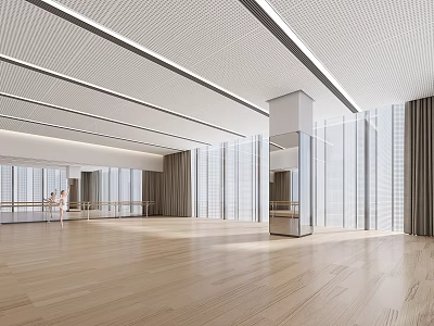 Spacious Dance Studio With Wooden Floor Large Windows And Barres For Practicing 3d model
