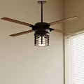 Wooden Bladed Ceiling Fan With Light Fixture Near Window Blinds in Room Interior