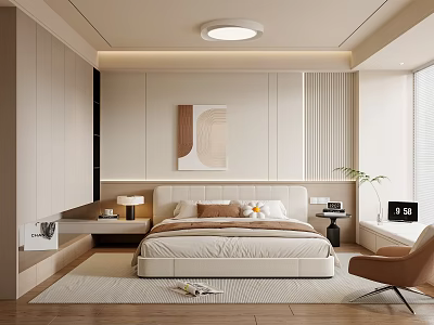 Modern Bedroom Interior Design With Neutral Tones Bed Nightstand Lamp And Chair 3d model