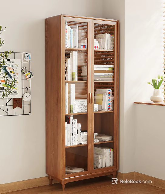 Wooden Bookcase With Glass Doors Shelves Books Decorative Items Wall Decor And Potted Plant 3d model 