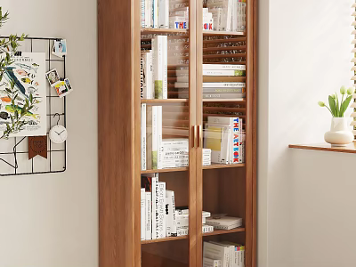 Wooden Bookcase With Glass Doors Shelves Books Decorative Items Wall Decor And Potted Plant 3d model