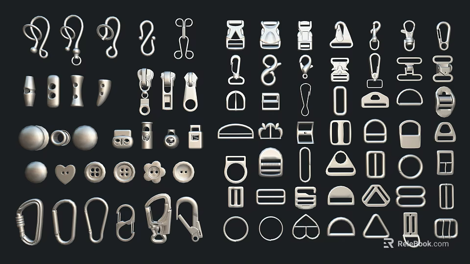 Comprehensive Collection of Assorted Metal Accessories in Various Shapes on Black Background 3d model 