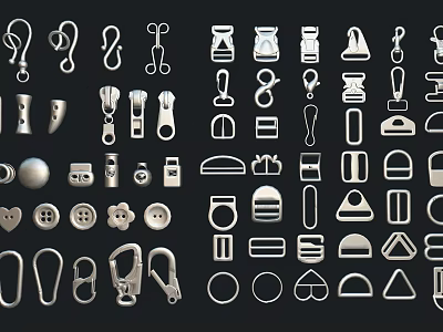 Comprehensive Collection of Assorted Metal Accessories in Various Shapes on Black Background 3d model