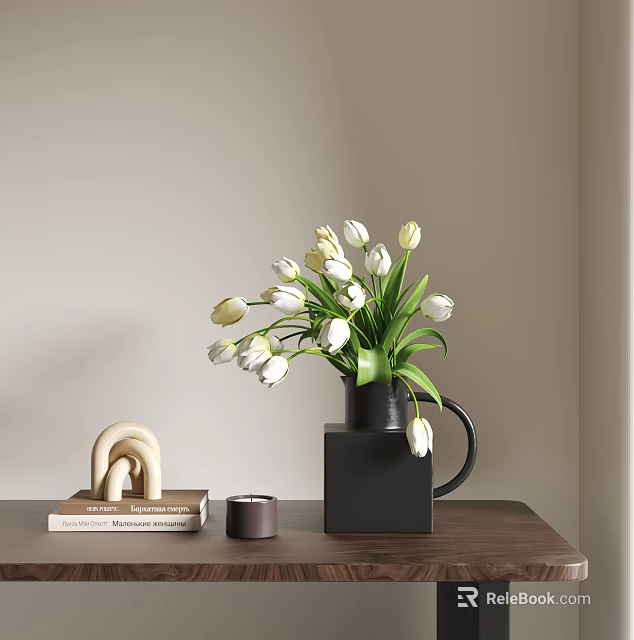 Decorative Ornament Set with White Tulips Black Vase Arched Ornament Books Candle on Wooden Table 3d model 