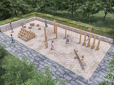 Outdoor Children's Play Area With Wooden Climbing Frames Sandy Ground And Trees 3d model