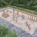 Outdoor Children's Play Area With Wooden Climbing Frames Sandy Ground And Trees