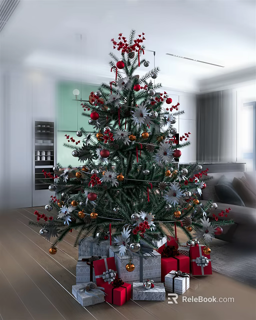 Decorated Christmas Tree With Red Silver Ornaments In Indoor Living Room Kitchen Background 3d model 