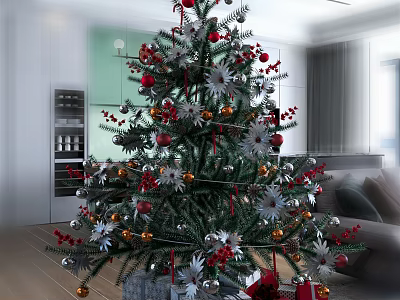 Decorated Christmas Tree With Red Silver Ornaments In Indoor Living Room Kitchen Background 3d model