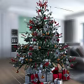 Decorated Christmas Tree With Red Silver Ornaments In Indoor Living Room Kitchen Background