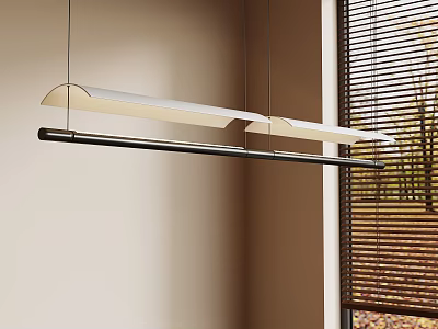 Contemporary Room Interior With Long Linear Pendant Light Black Frame White Shade And Window Blinds 3d model