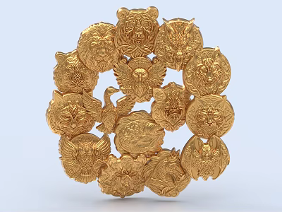 Golden Circular Sculpture With Intricate Animal Heads And Detailed Carvings 3d model