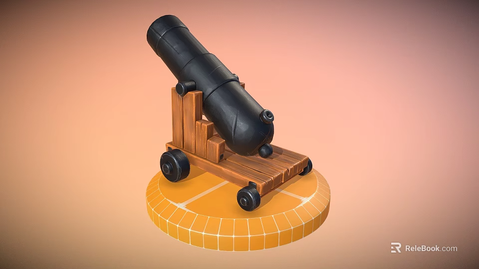 Vintage Black Cannon with Wooden Carriage and Wheels on Yellow Tiled Base 3d model 