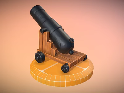 Vintage Black Cannon with Wooden Carriage and Wheels on Yellow Tiled Base 3d model