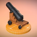 Vintage Black Cannon with Wooden Carriage and Wheels on Yellow Tiled Base