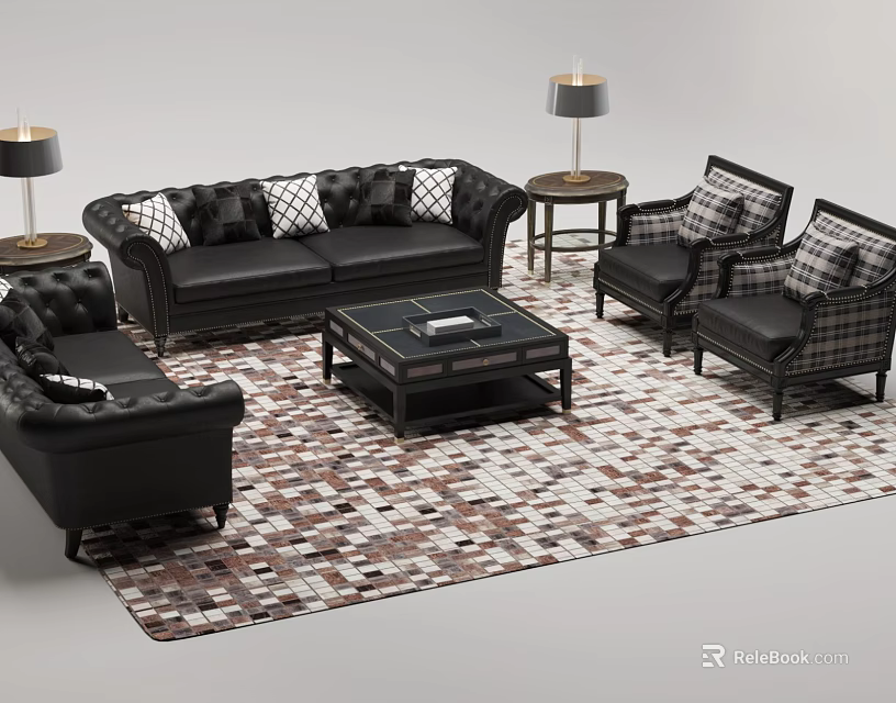 Classic Black Leather Sofa and Coffee Table Set with Armchairs Patterned Rug and Table Lamps 3d model
