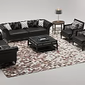Classic Black Leather Sofa and Coffee Table Set with Armchairs Patterned Rug and Table Lamps 3d model