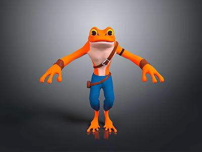 Orange Reptile Character With Blue Pants Brown Straps And Wristbands Standing On Gray Background 3d model