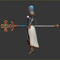 Hooded Female Warrior In Blue And Orange Armor Holding Orange Weapon With Green Gem