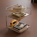 Modern Three Tier Side Table With Metal Frame Wooden And Transparent Shelves
