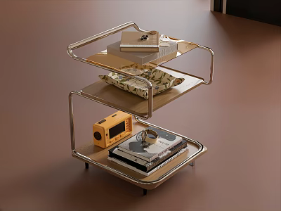 Modern Three Tier Side Table With Metal Frame Wooden And Transparent Shelves 3d model