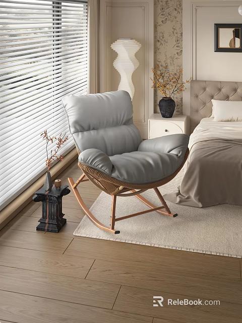 Bedroom Interior With Gray Leather Rocking Chair Window Blinds And Beige Headboard 3d model 