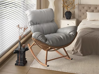 Bedroom Interior With Gray Leather Rocking Chair Window Blinds And Beige Headboard 3d model